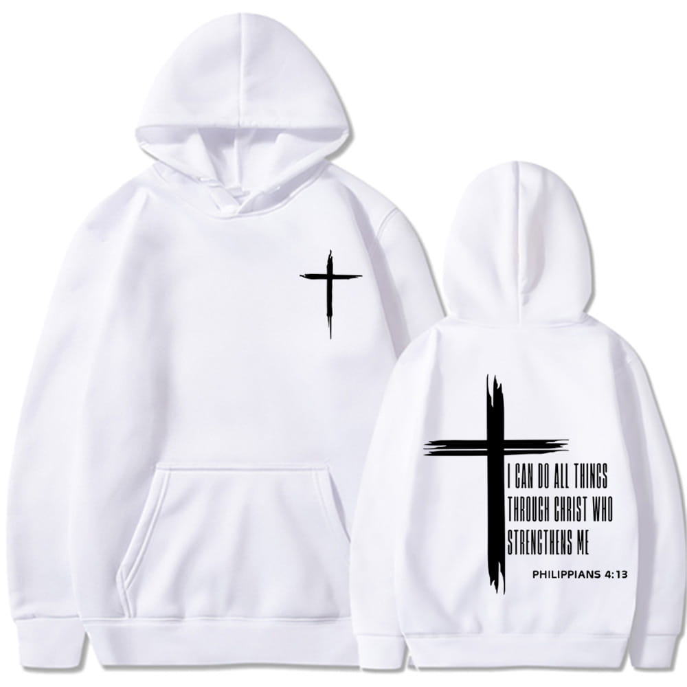 Sweat à capuche blanc avec un visuel de croix noire à l’avant, et une croix de style plus grande à coups de pinceau avec le texte des Écritures « Philippiens 4 13 » imprimé au dos, sur un sweat à capuche de type pullover pour homme avec visuel croisé « Philippiens 4 13 ».