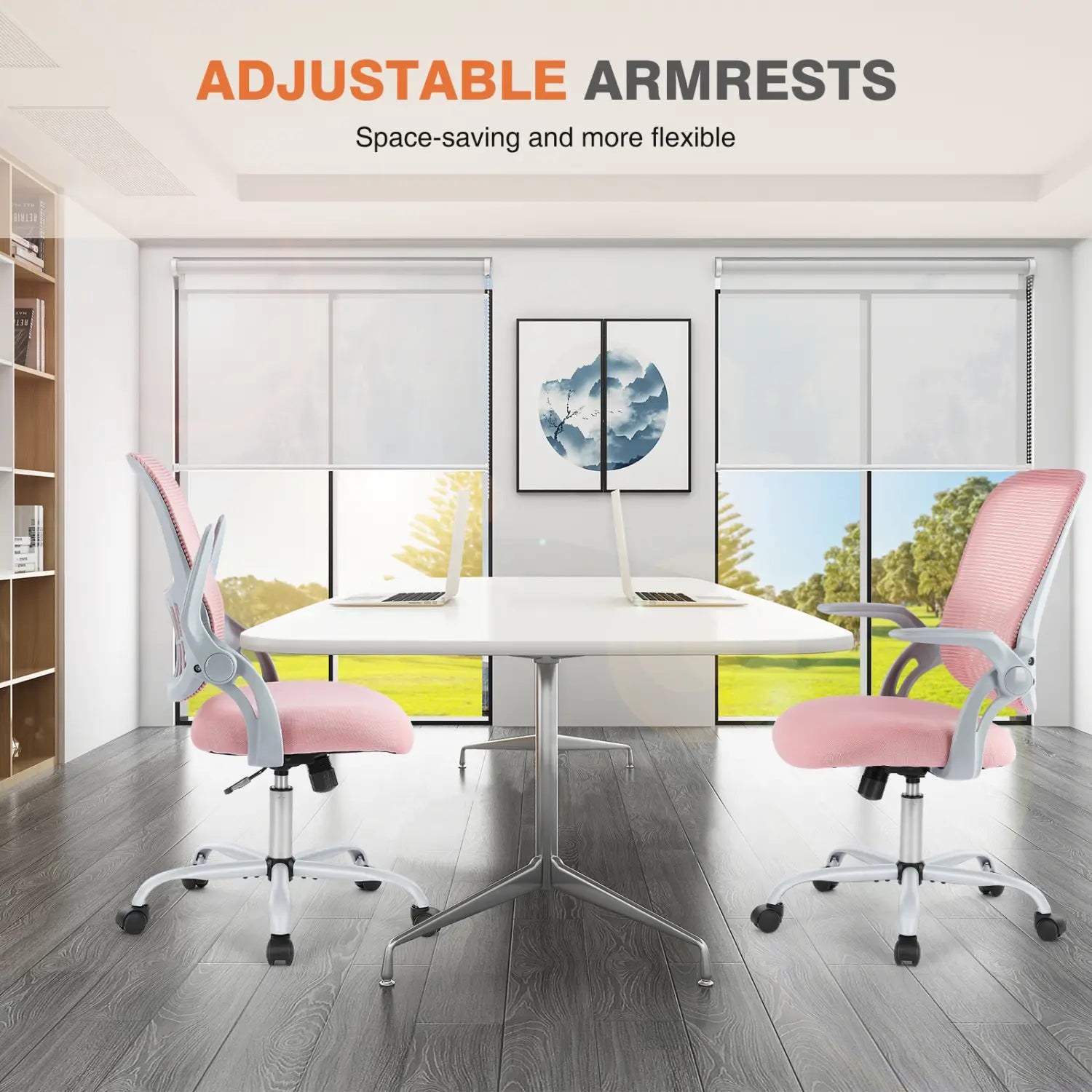 Chaise de bureau à maillage rose pour le dessin avec accoudoirs réglables, anneau pour les pieds réglable et structure métallique argentée, destinée à un usage de bureau.