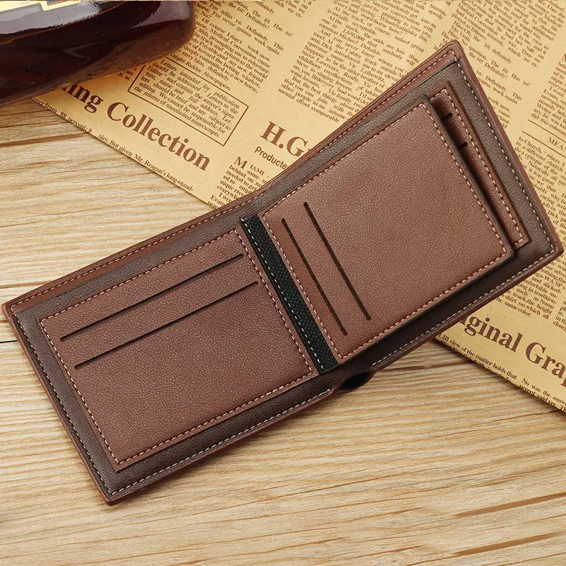 Brown leather men’s bifold wallet with stitched edges and multiple card slots designed for organized storage including an ID window.