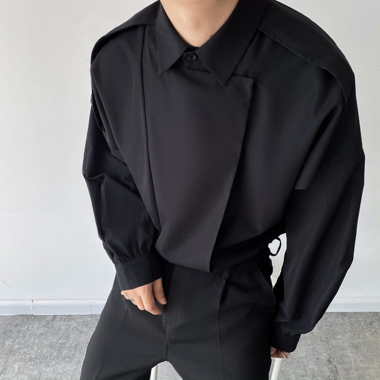 men oversized long sleeve button up shirt in black featuring a structured collar and voluminous sleeves in a soft fabric