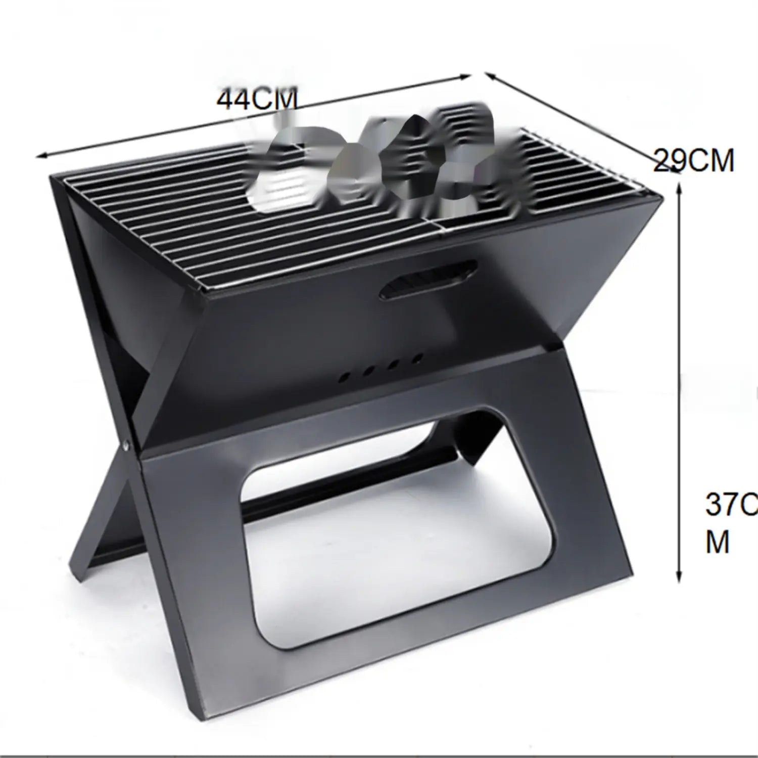 Black foldable metal charcoal grill with sleek modern design and measurement markings featuring 30 stainless steel skewers set.