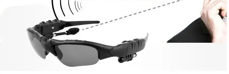 Black sport-style smart bluetooth audio sunglasses with hd camera dark gray lenses and integrated microphone.