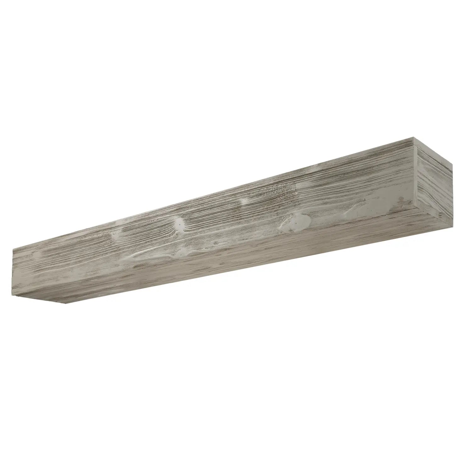 Étagère de cheminée flottante en bois rustique de 72 pouces réalisée à partir d’une poutre en bois gris vieilli, avec une finition patinée.