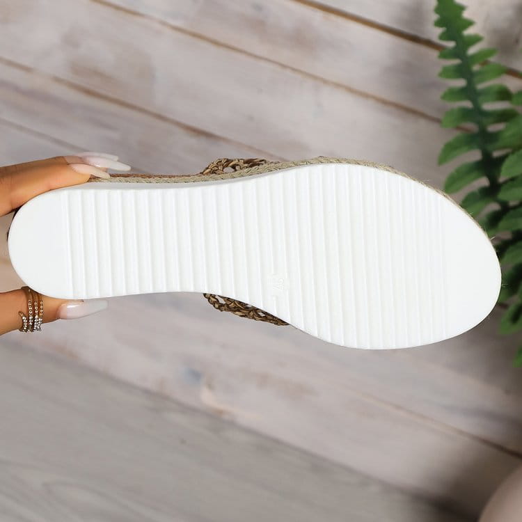 Women’s mesh espadrille platform wedge sandals featuring a gold woven strap and a white rubber sole.