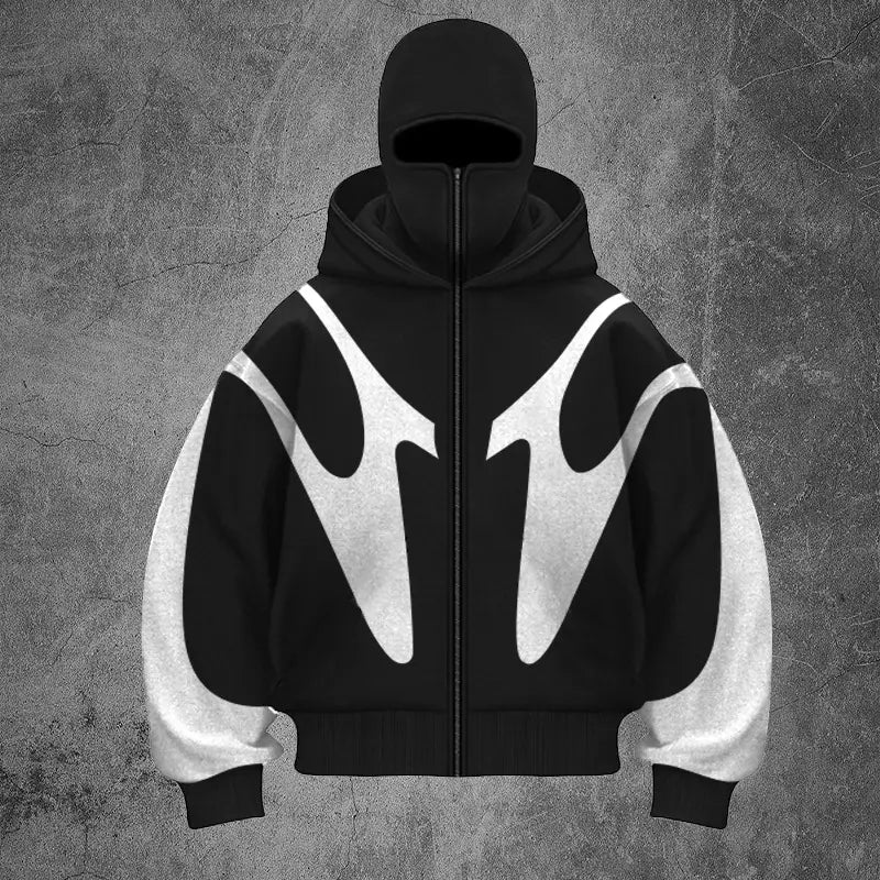 Veste à capuche zippée noire et blanche avec cagoule, en tissu souple, arborant des designs de graphismes de flamme abstraits audacieux sur la poitrine.
