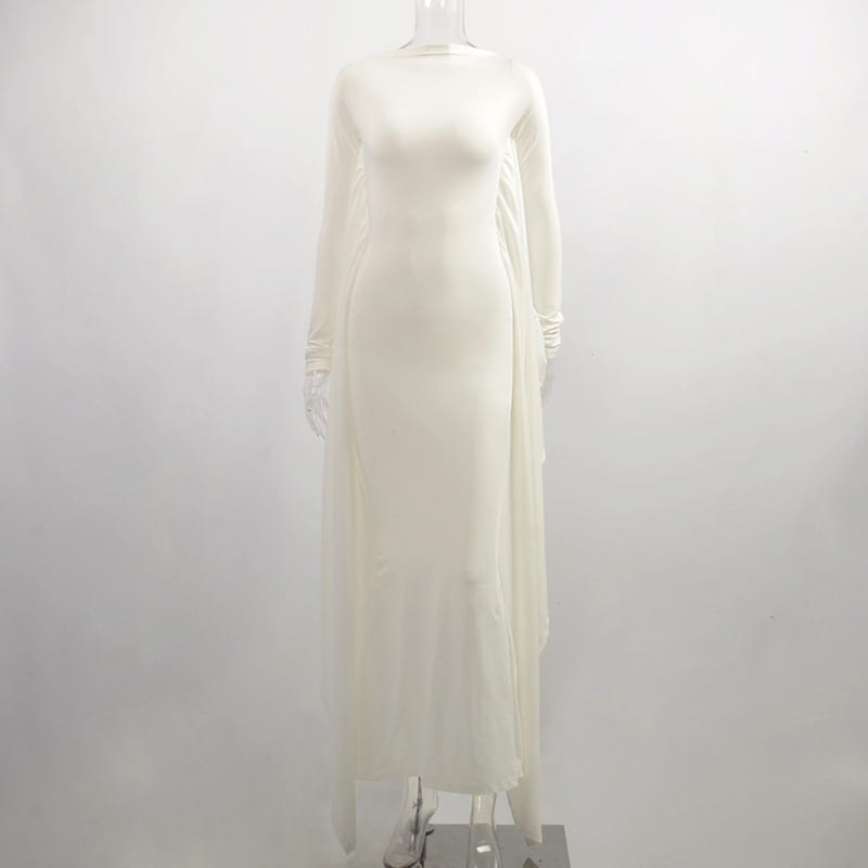 Off-white asymmetrical satin batwing sleeve maxi dress with a flowing long-sleeved design and high neckline.