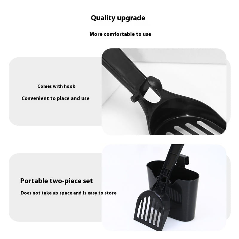 Pelle à litière pour chat en plastique noir, avec conception à fentes et crochet intégré pour un positionnement pratique, issue de l’ensemble pelle à litière pour chat et support avec long manche.