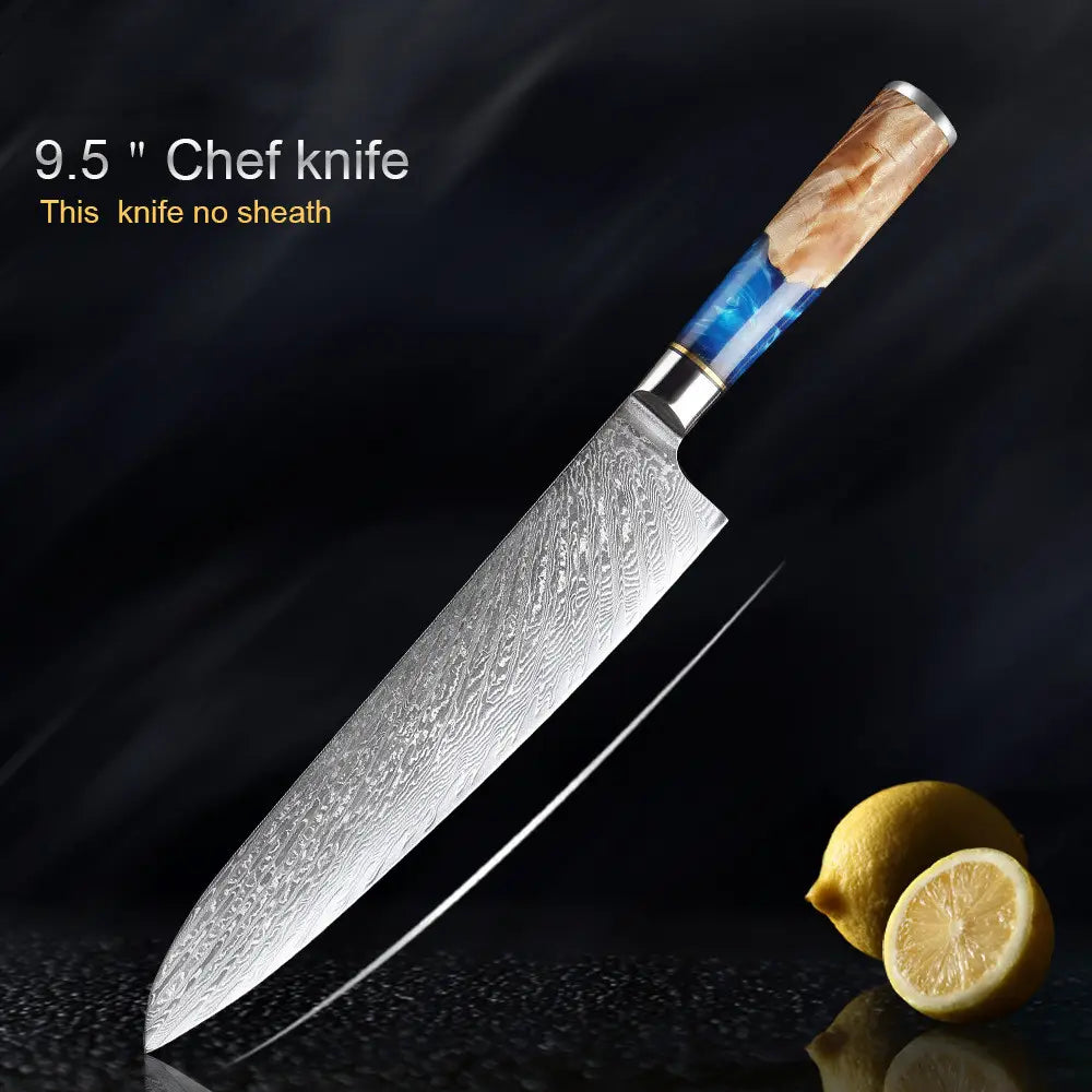 Cuchillo de chef de damasco de 9,5 pulgadas con incrustación de resina azul y mango de madera color marrón claro, expuesto sin funda del set de cuchillos de chef de damasco con mango de resina azul de 7 piezas.