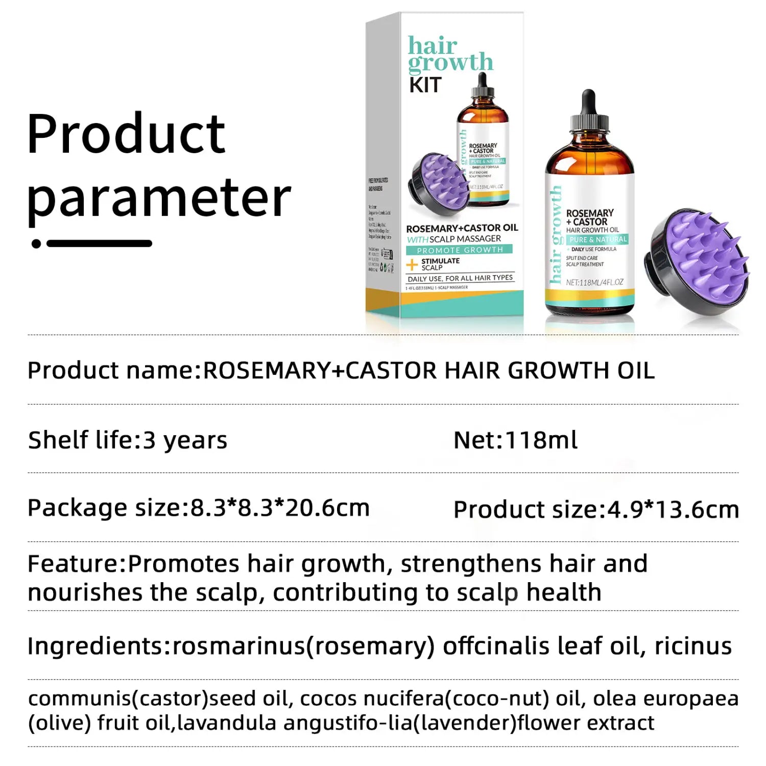 Huile de croissance des cheveux au ricin et au romarin de 118 ml, traitement dans un flacon en verre ambré avec un bouchon compte-gouttes noir, à côté d’un masseur de cuir chevelu en silicone violet.