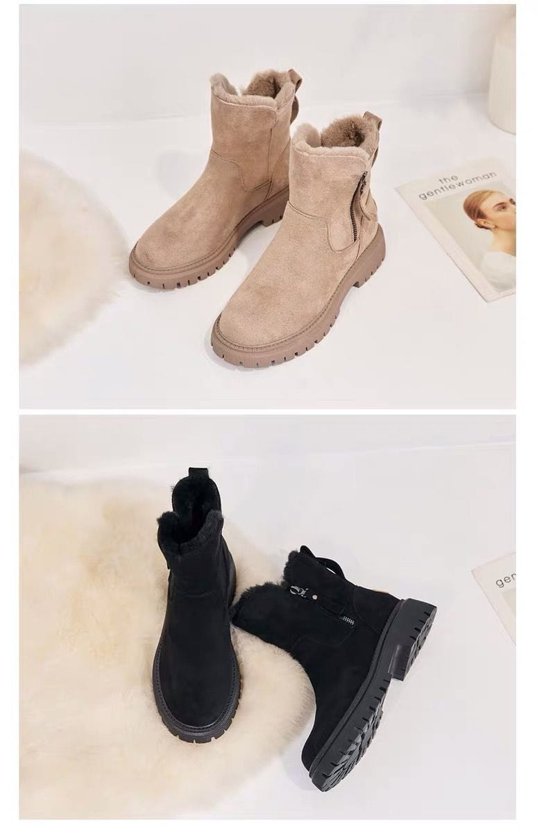 Winterstiefel für Damen in beige mit Shearling, Knöchelstiefeletten mit schwarzen robusten Sohlen und weichem Fellfutter.