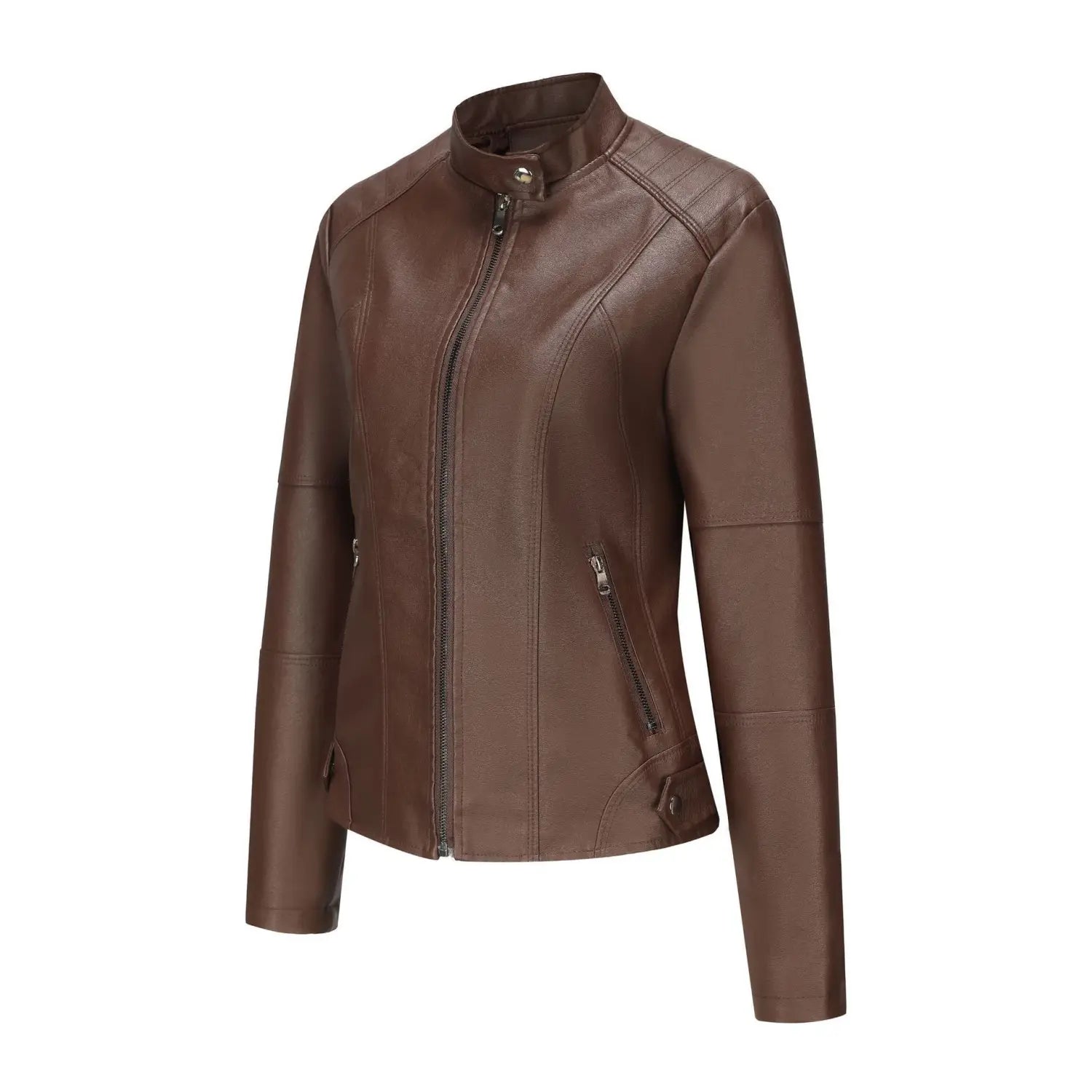 Veste motard en faux cuir marron avec col montant et poches zippées affichées de face