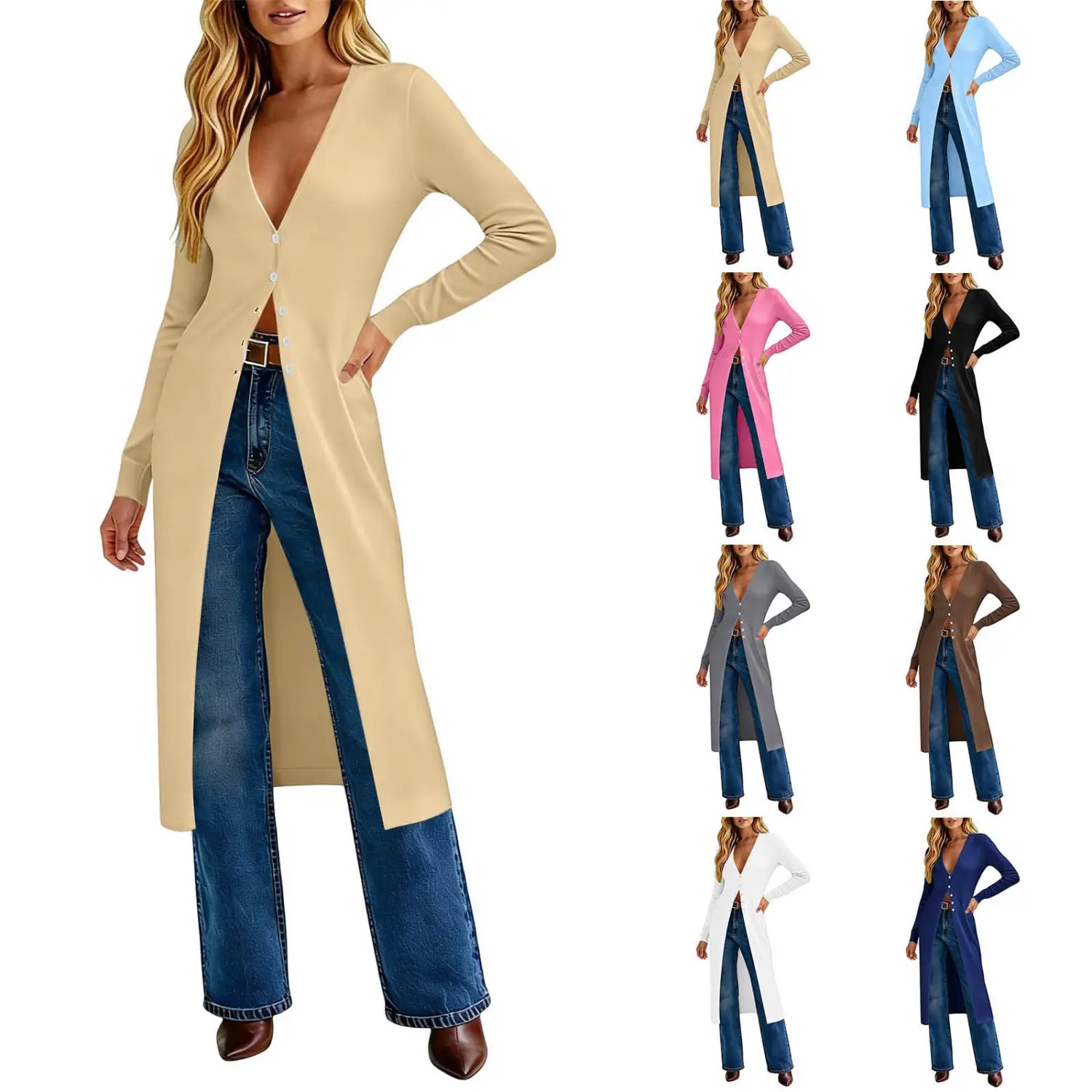 Beige slim fit button front cardigan with v neck paired with blue denim pants for women.