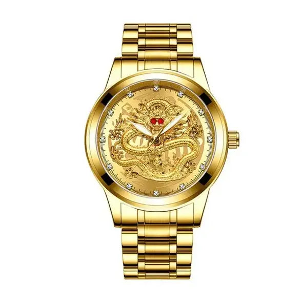 Men’s luxury 18k gold dragon diamond quartz watch featuring a golden dragon-themed dial with a metallic band and diamond accents.