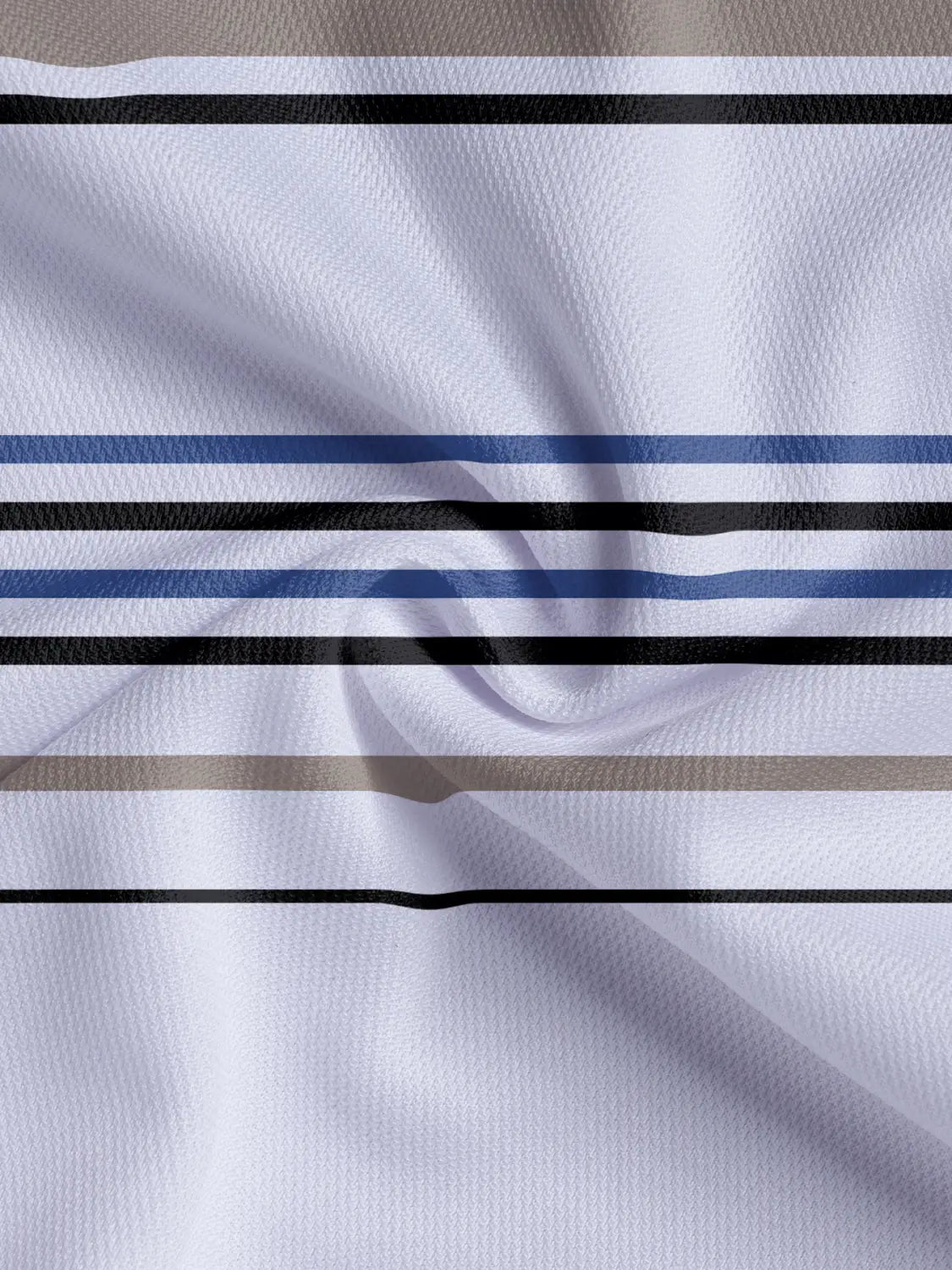 white fabric with horizontal black navy blue and beige stripes on a geometric striped men summer polo shirt.