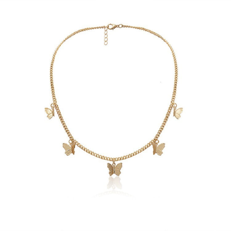 Elegant butterfly charm choker necklace in gold featuring a gold-toned chain adorned with five delicate butterfly charms.