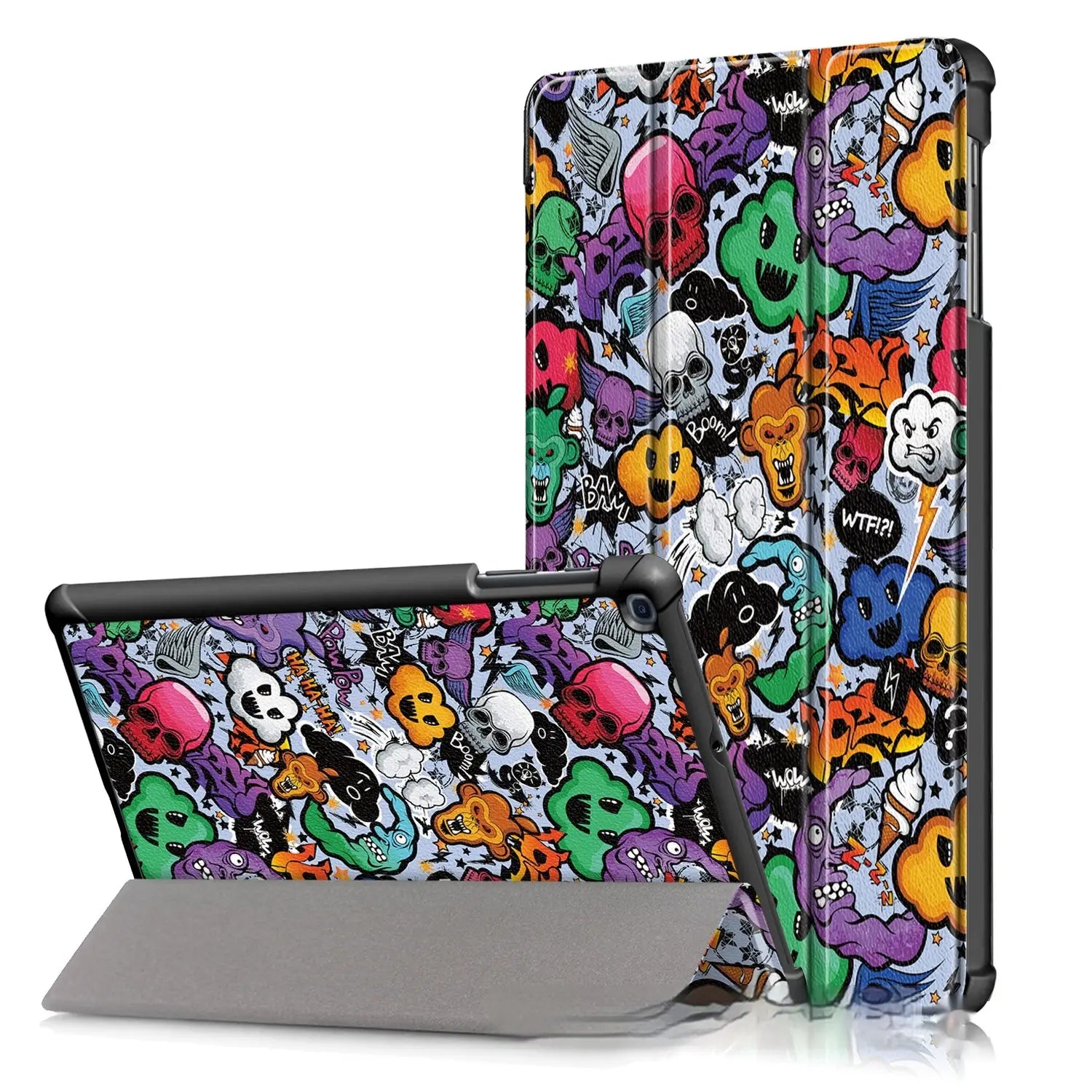 Funda tipo libro de cuero para tableta Samsung con un vibrante patrón de calavera y monstruo tipo caricatura, con bordes protectores negros, mostrado desde el reverso.