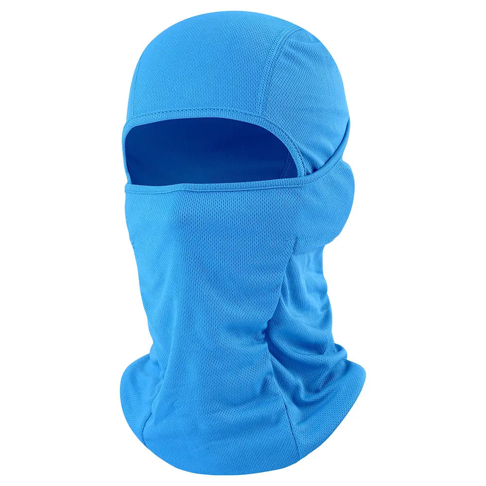 Bright blue breathable mesh motorcycle balaclava with eye and nose cutouts designed for sun protection.