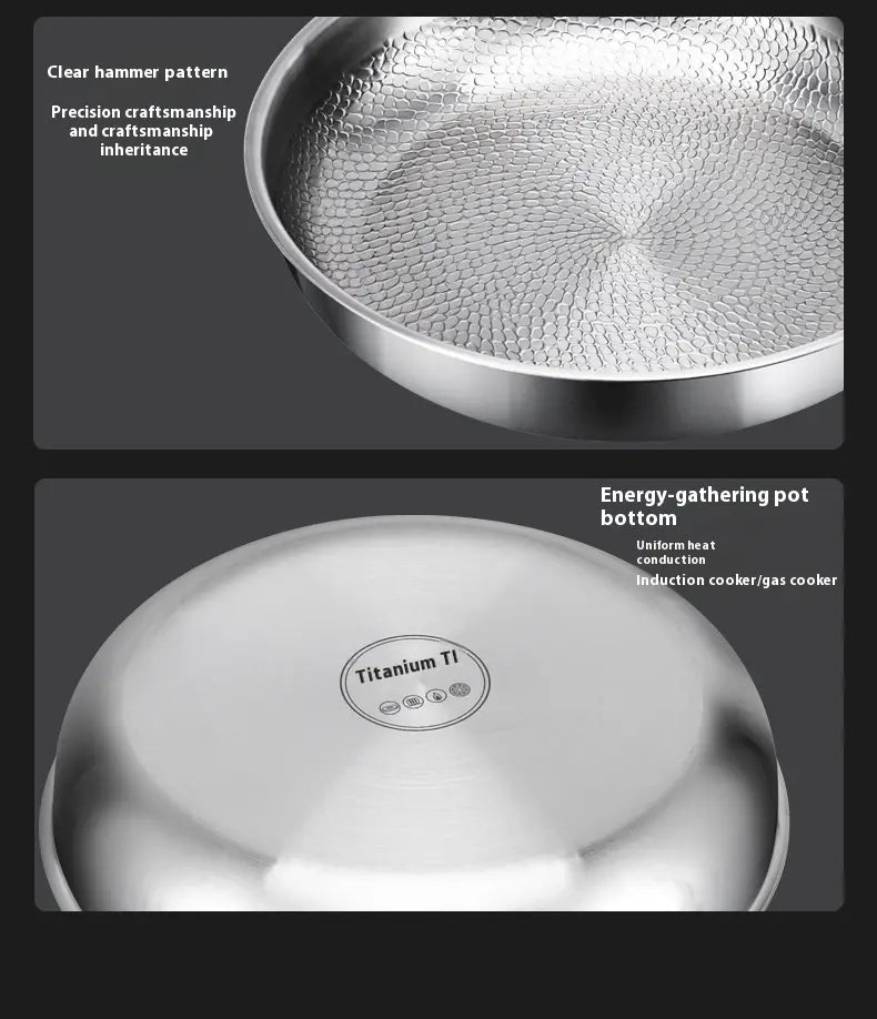 Silver titanium hammered non-stick frying pan with lid featuring an energy-gathering bottom for enhanced cooking efficiency.