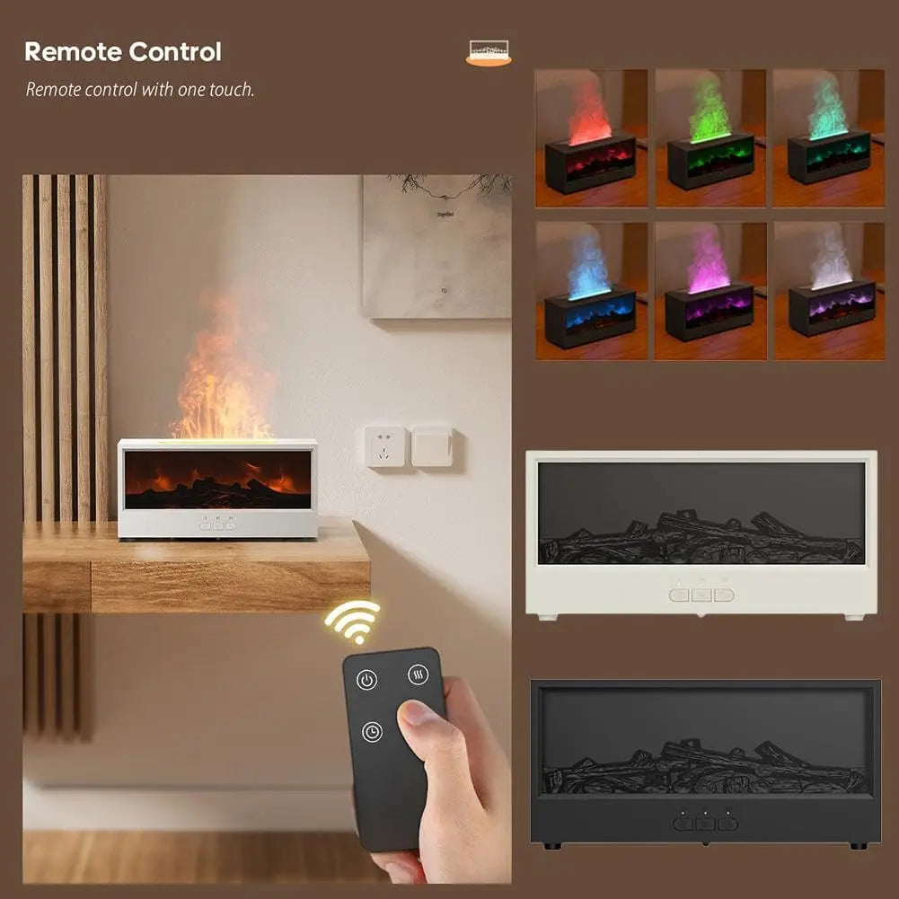 White rectangular electric fireplace with realistic flame effect and black interior logs in the Flame Humidifier Volcano Aromatherapy Diffuser Light product.