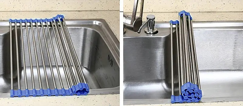 Blau- und Edelstahl-Klapp-Abtropfgestell für das Spülbecken aus Edelstahl, gefertigt als Edelstahl-Klapp-Sieb für eine Abtropfmatte.