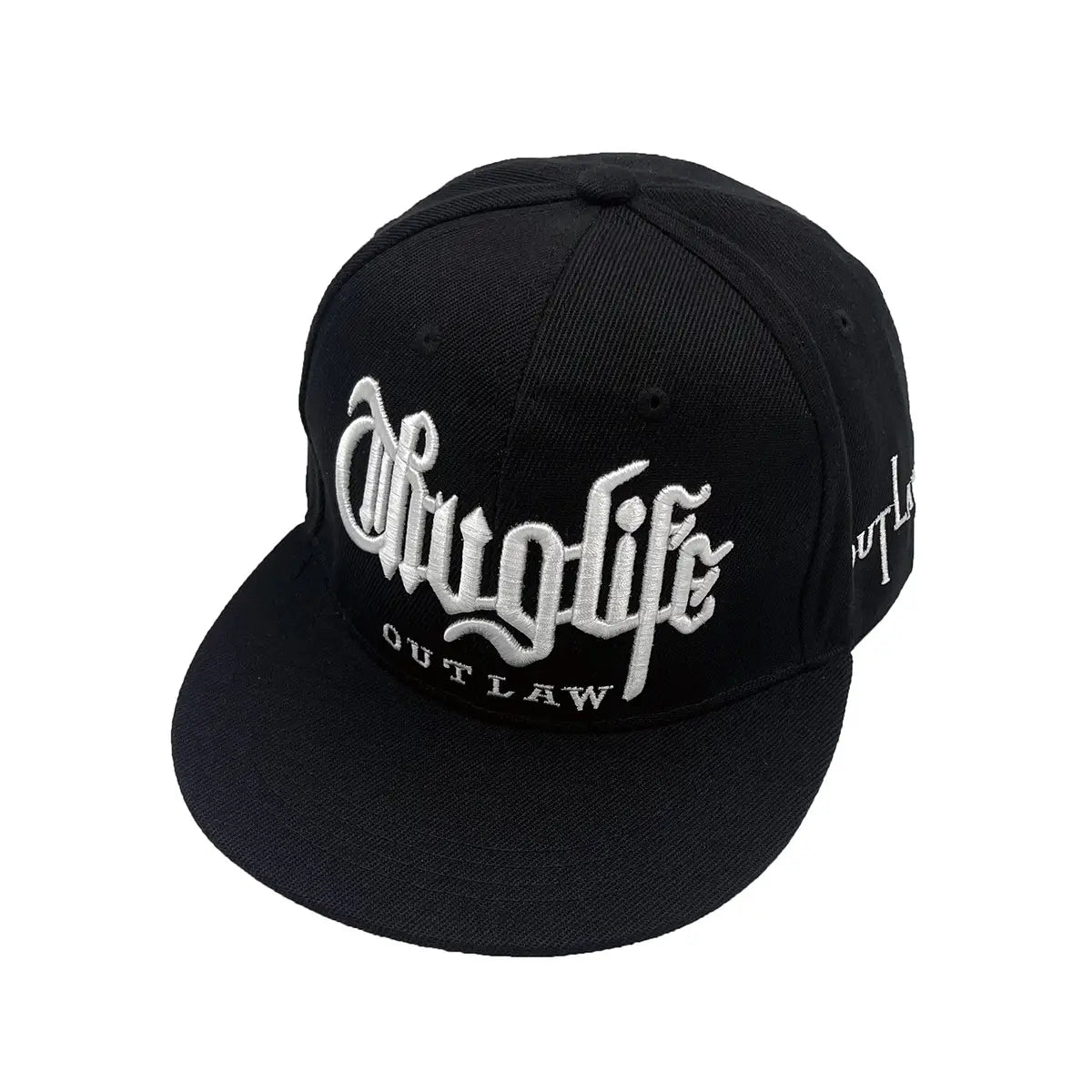 Black snapback cap with white embroidered gangsta life and outlaw text, designed as an embroidered hip hop snapback cap.