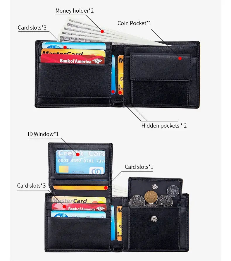 Men’s genuine leather bifold wallet in black featuring multiple card slots, a coin pocket, and hidden compartments.