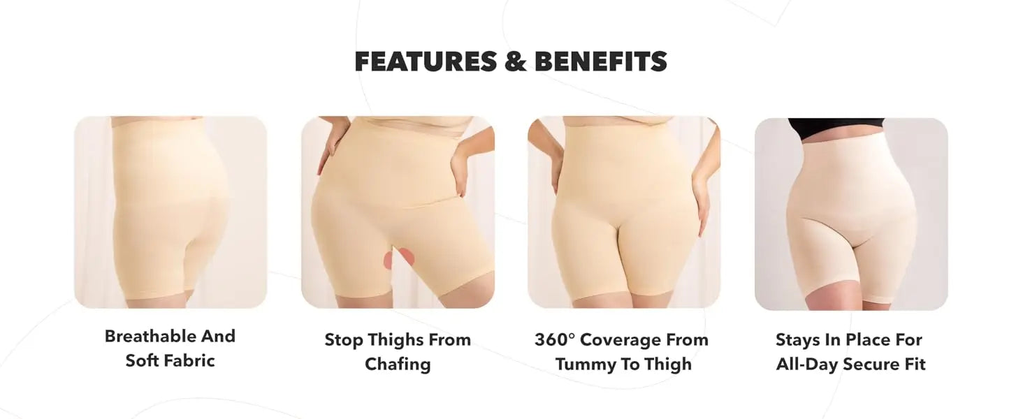 Beige high-waisted shapewear shorts with seamless design and breathable fabric in a shapewear shorts and top set.