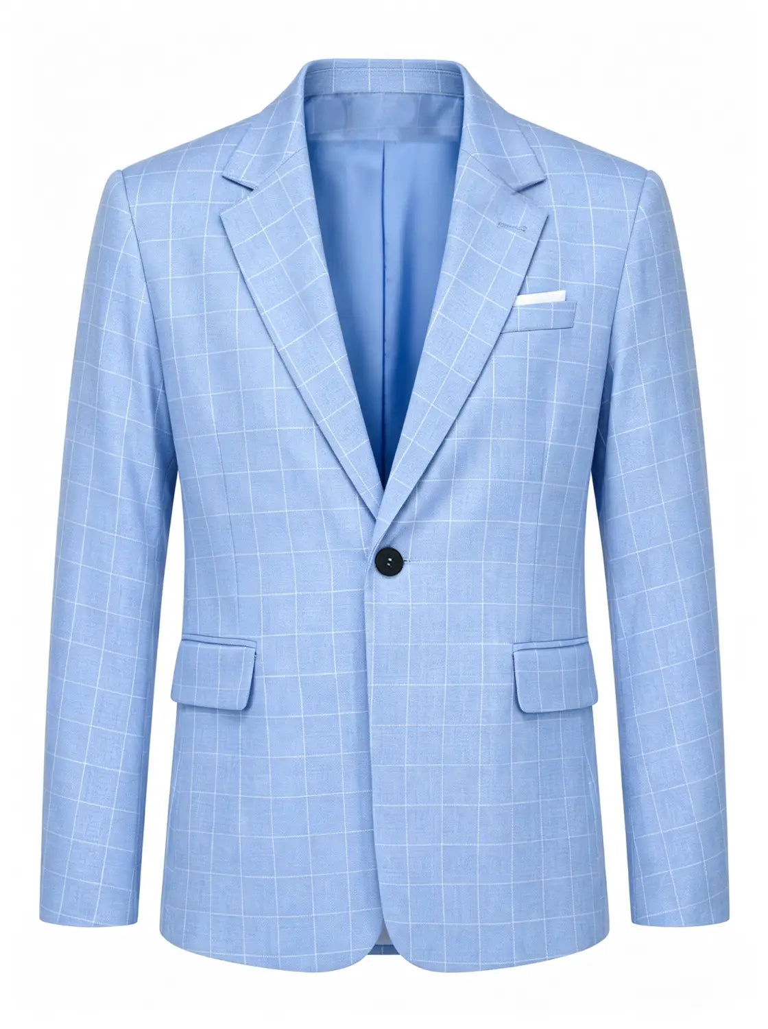 Hellblauer Karomuster-Business-Anzugjackenblazer mit dezentem weißem Karomuster und passendem Innenfutter.
