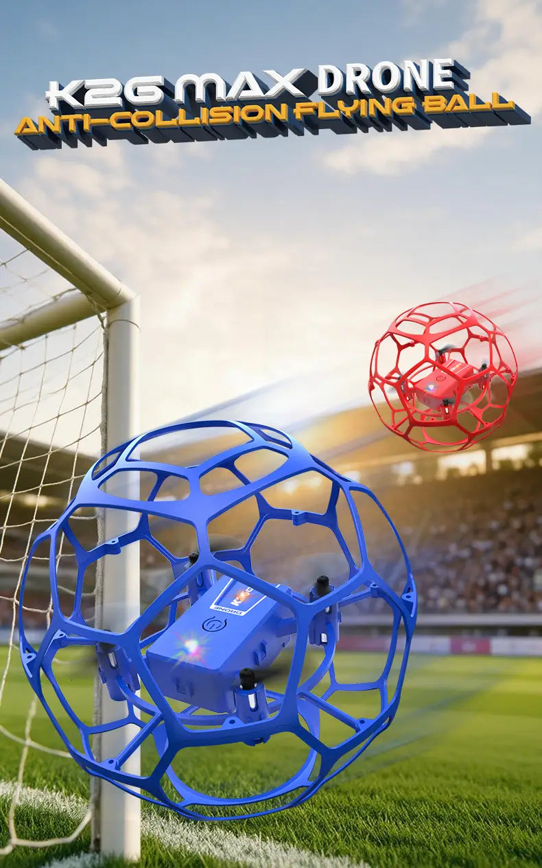 Blue k2g max drone anti-collision flying ball with hexagonal cage design in blue spherical cage toy with dual battery for outdoor play.