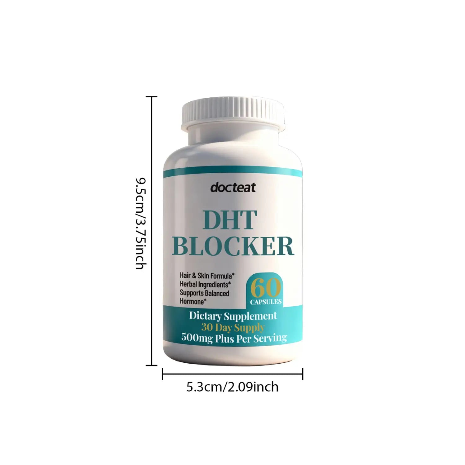 White plastic bottle with teal label and white cap labeled docteat dht blocker for hair and skin support containing 60 softgel capsules for hair growth.