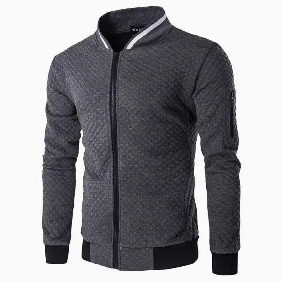 Men’s dark gray quilted bomber jacket with black trim and white stripe along the stand collar.