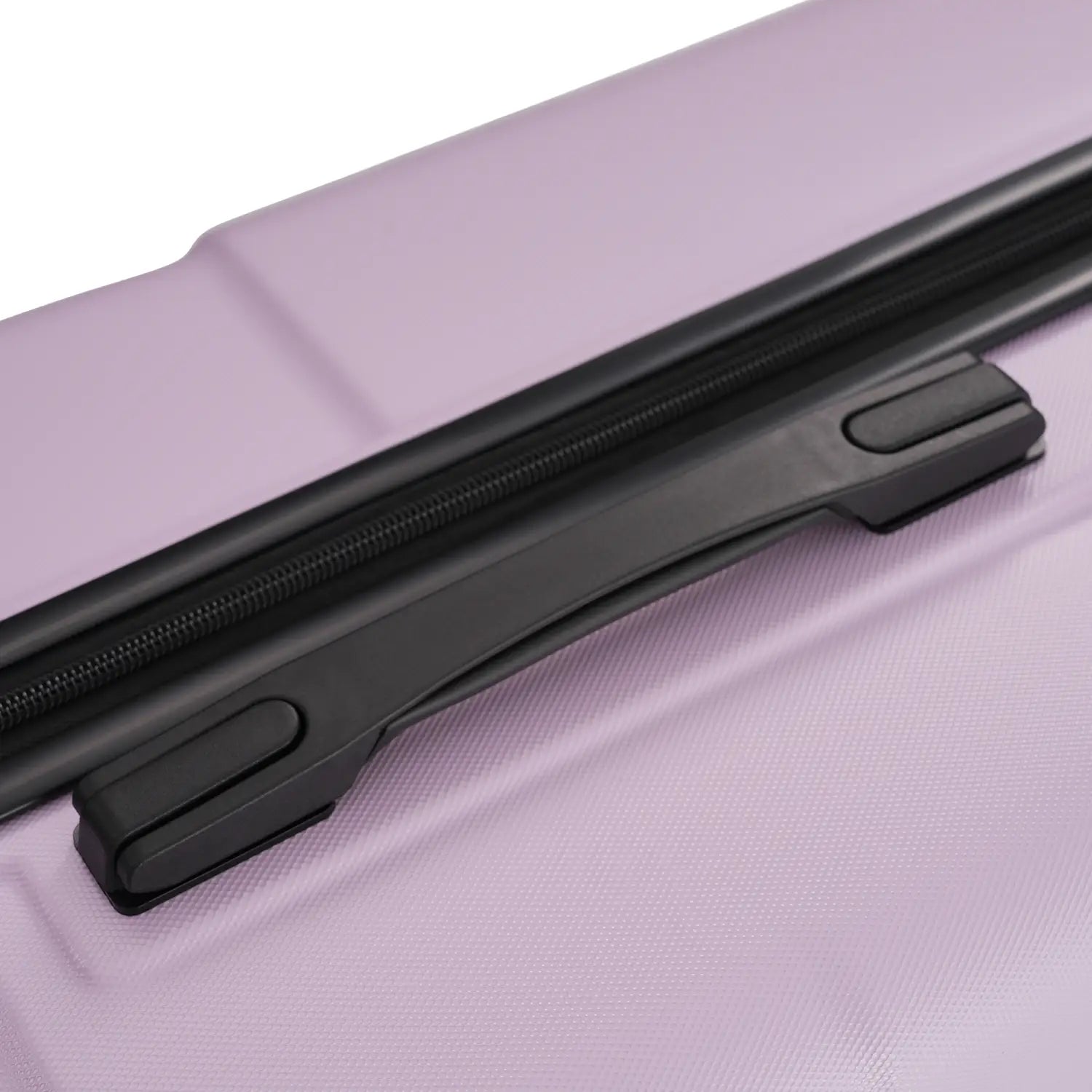 Lavender hard-shell suitcase with black zipper and pull tabs from a six piece hardshell luggage set with spinner wheels.
