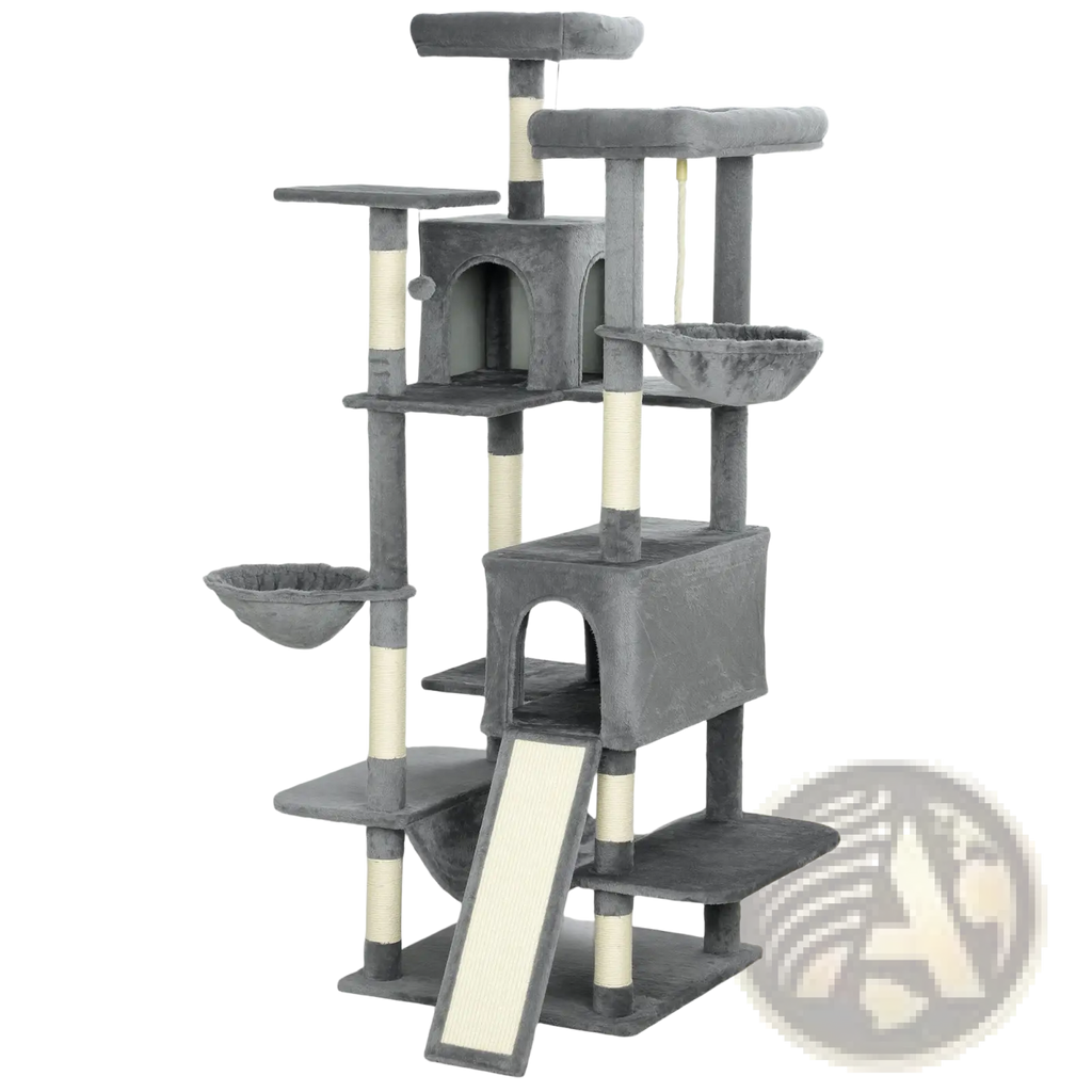 Gray multi level cat tree tower with plush platforms, scratching posts, and enclosed hideaways for cats