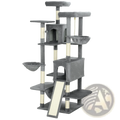 Gray multi level cat tree tower with plush platforms, scratching posts, and enclosed hideaways for cats