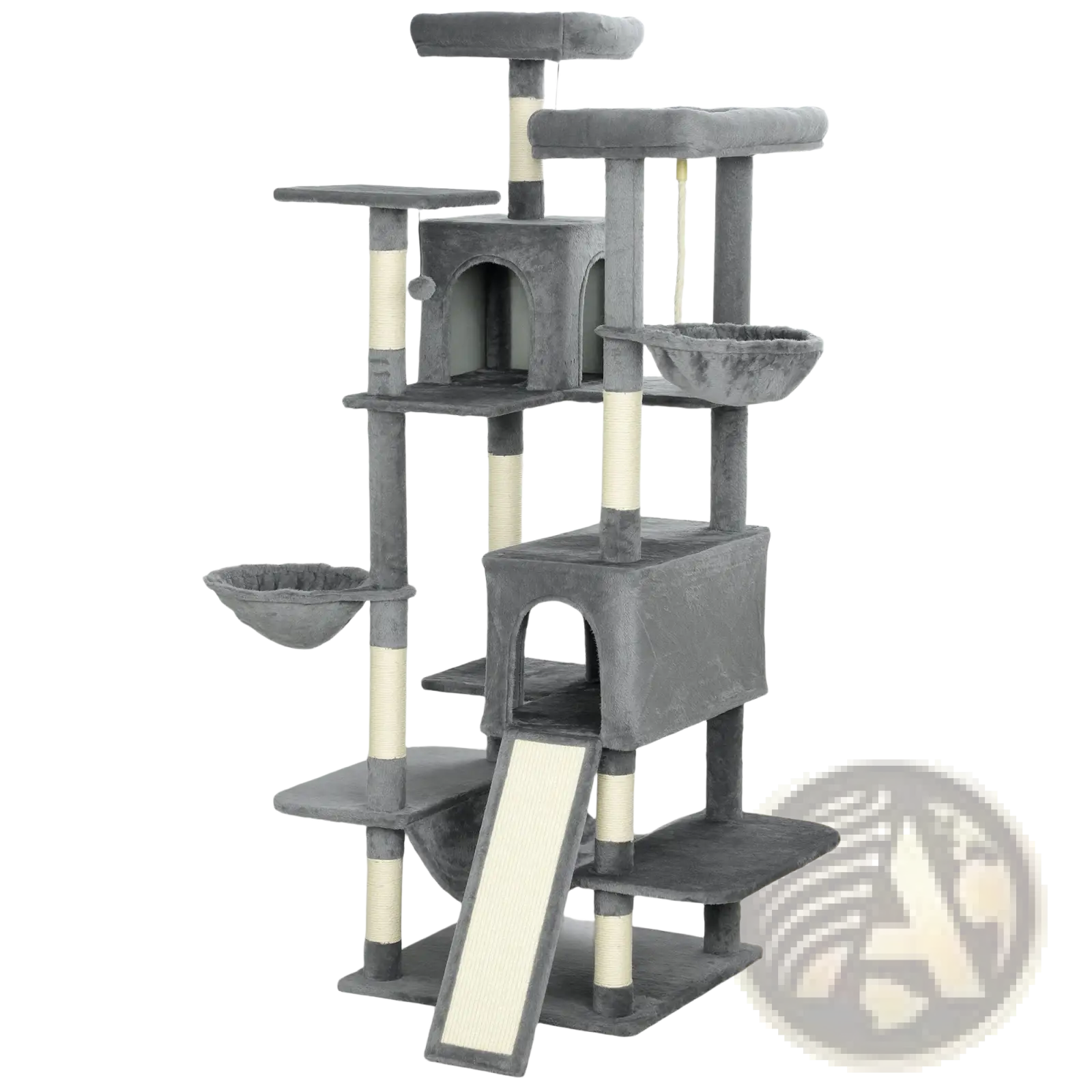 Gray multi level cat tree tower with plush platforms, scratching posts, and enclosed hideaways for cats
