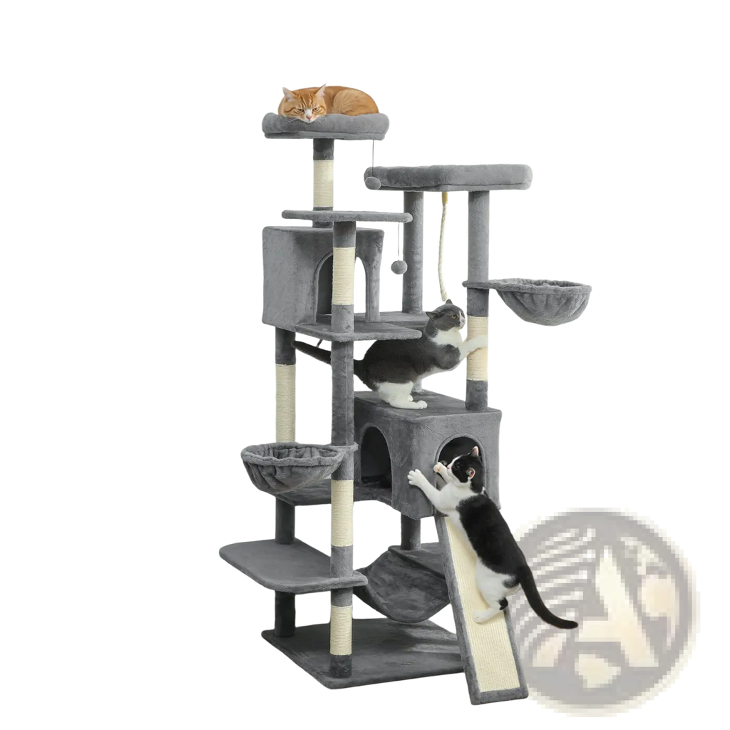 Gray 69 inch multi level cat tree tower with sisal scratching posts and plush platforms for cat climbing and resting