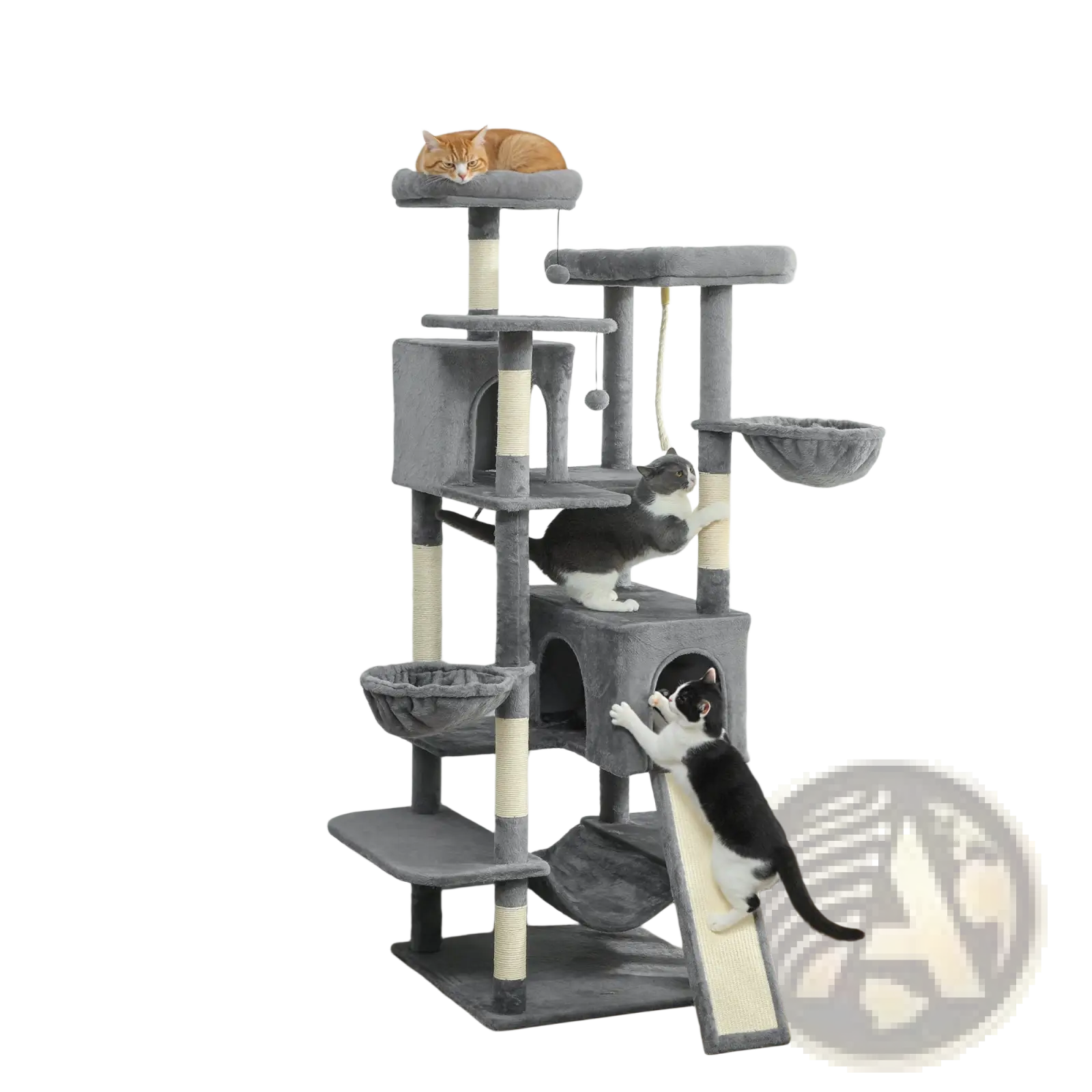Gray 69 inch multi level cat tree tower with sisal scratching posts and plush platforms for cat climbing and resting