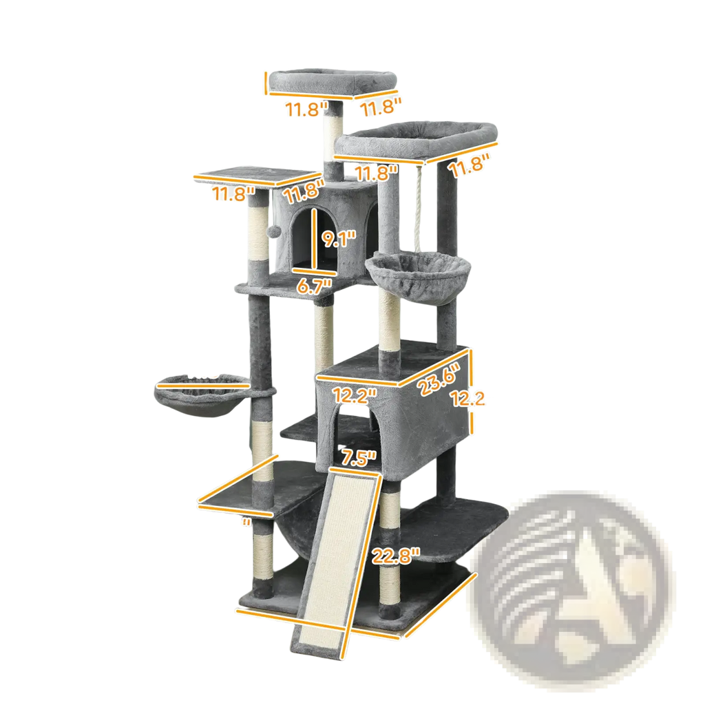 Gray multi level cat tree tower 69 inch with sisal scratching posts and plush platforms for cats to climb and play