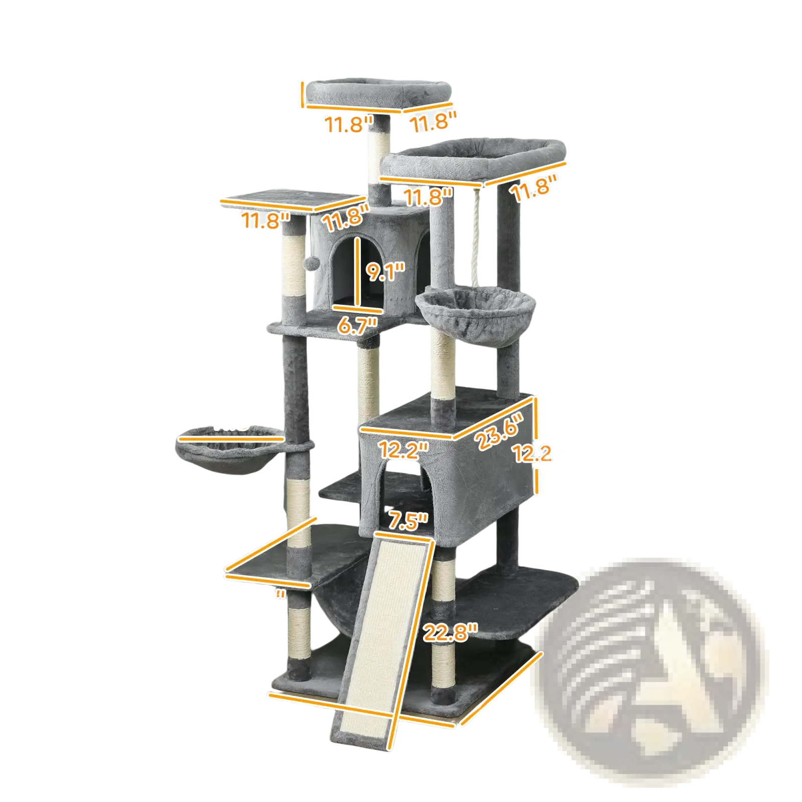 Gray multi level cat tree tower 69 inch with sisal scratching posts and plush platforms for cats to climb and play