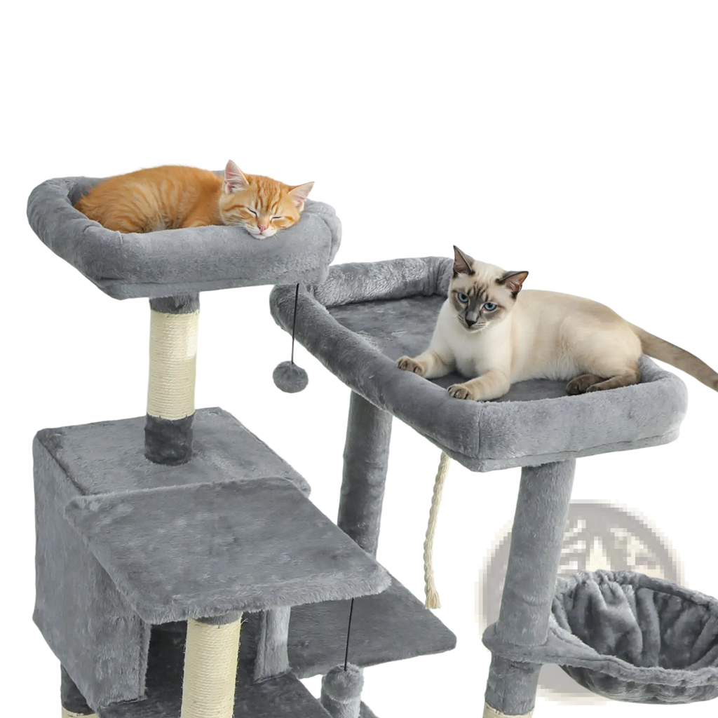 Gray plush 69 inch multi level cat tree tower featuring a top perch and sisal wrapped scratching posts