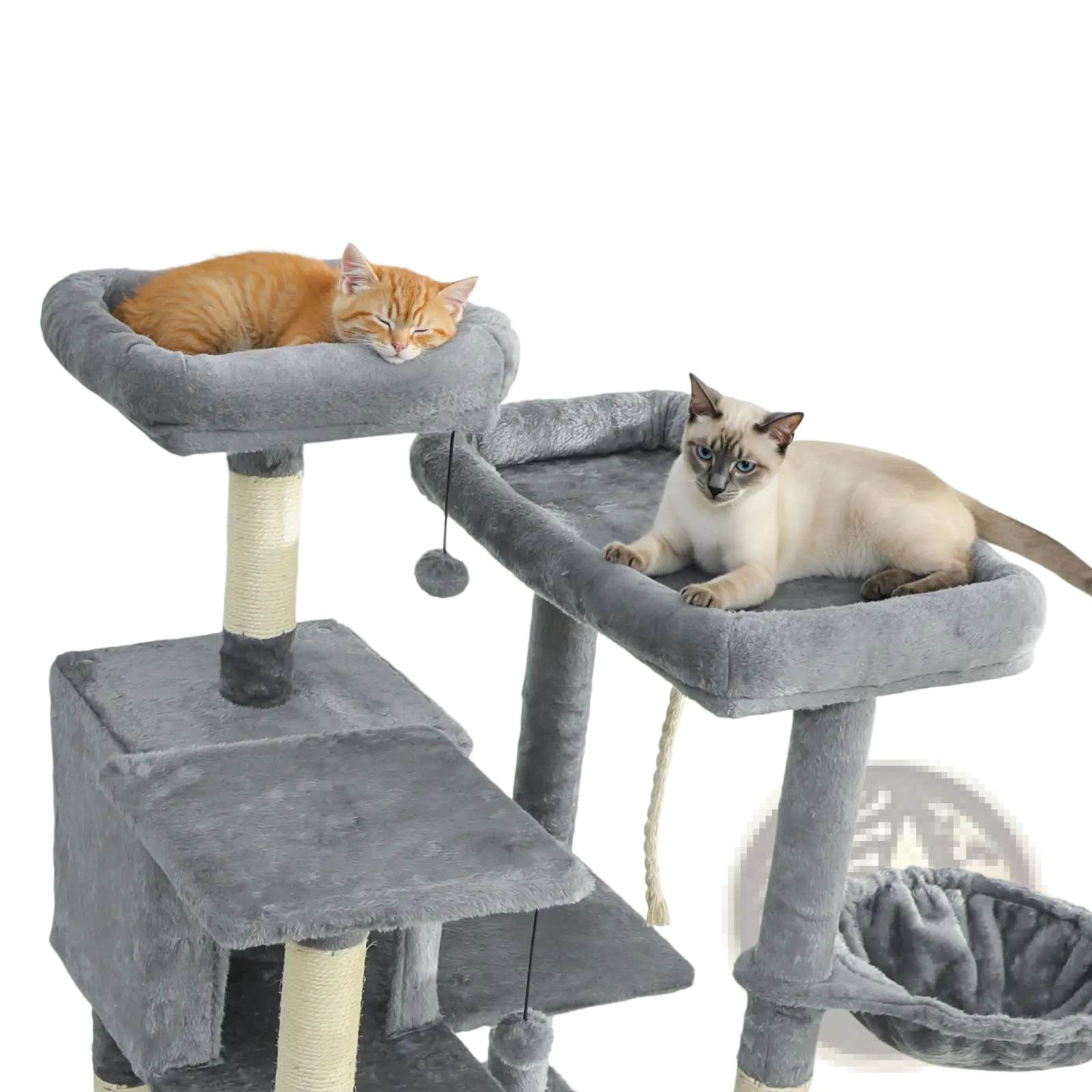 Gray plush 69 inch multi level cat tree tower featuring a top perch and sisal wrapped scratching posts
