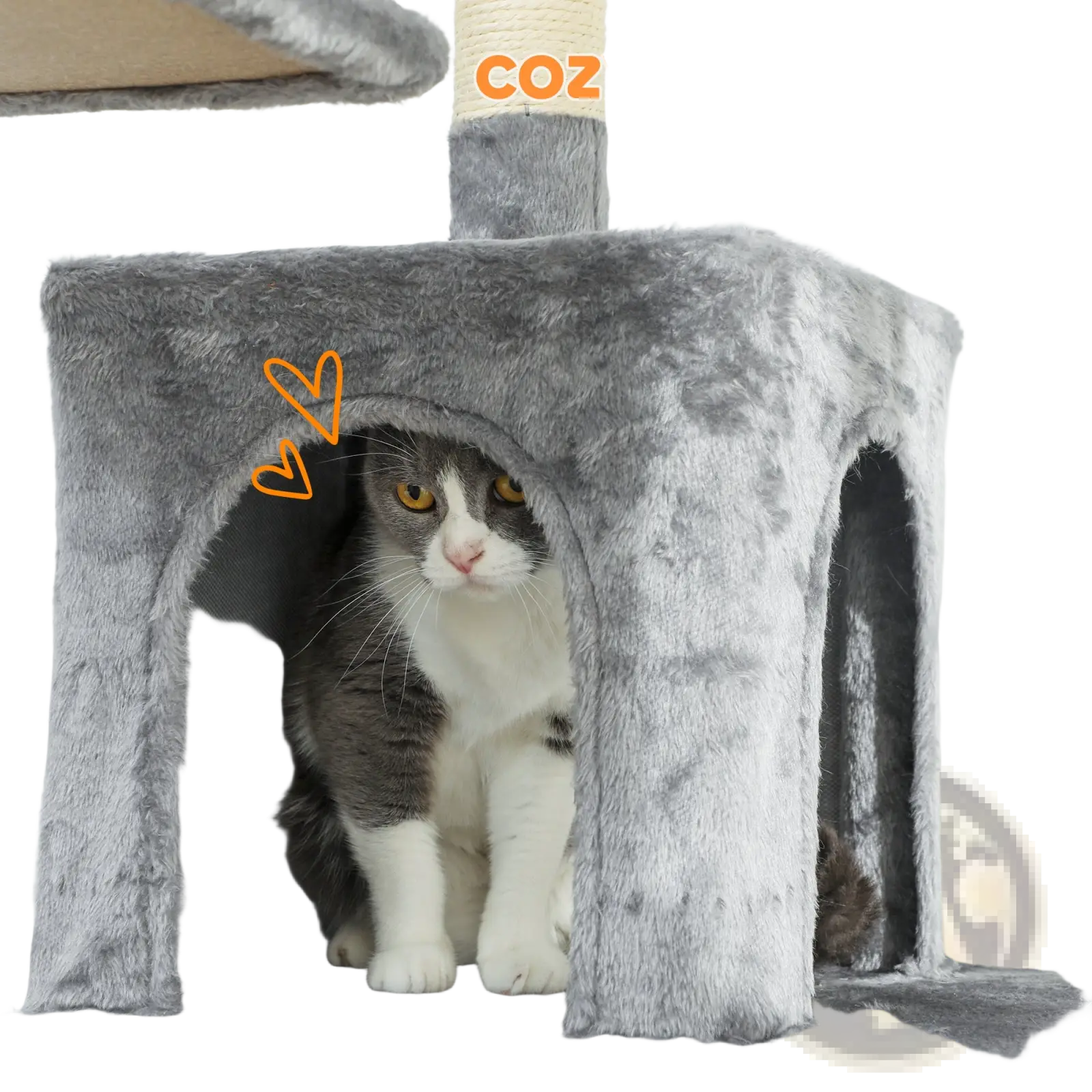 Gray plush multi level cat tree tower with soft fuzzy texture and arched entryways for comfortable pet lounging