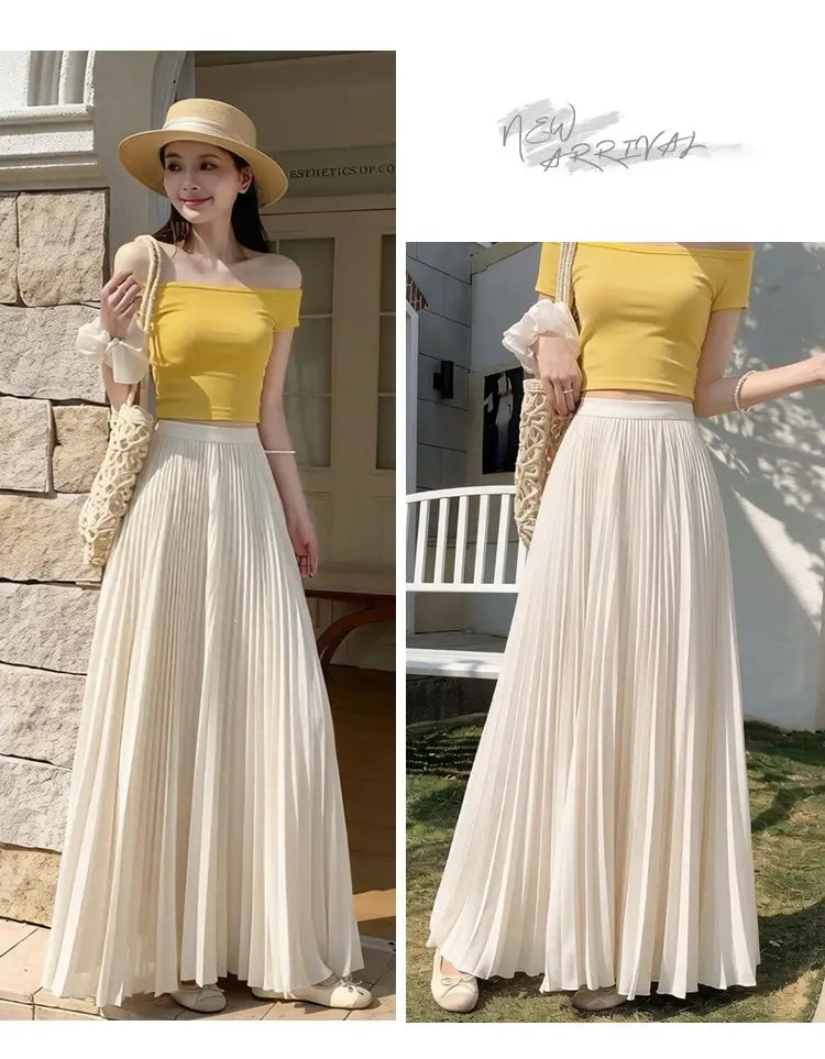 Elfenbeinfarbener plissierter Chiffon-Maxirock für Damen mit fließendem, elegantem Design, ideal für formelle Anlässe.