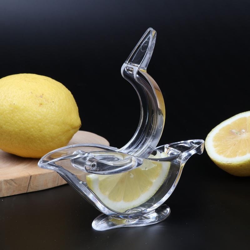 Presse-agrumes manuel en acrylique pour oiseau, outil presse-citron en verre transparent, avec une poignée courbée et un bol de collecte du jus intégré.