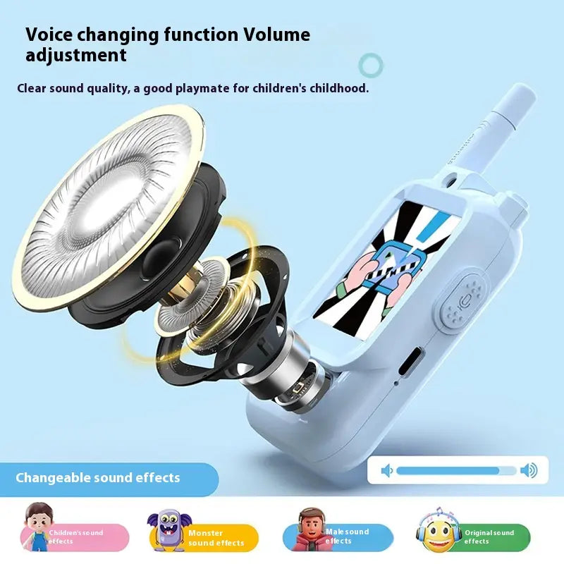 Light blue kids video walkie talkie with a cartoon screen and exposed speaker components designed as a rechargeable intercom.