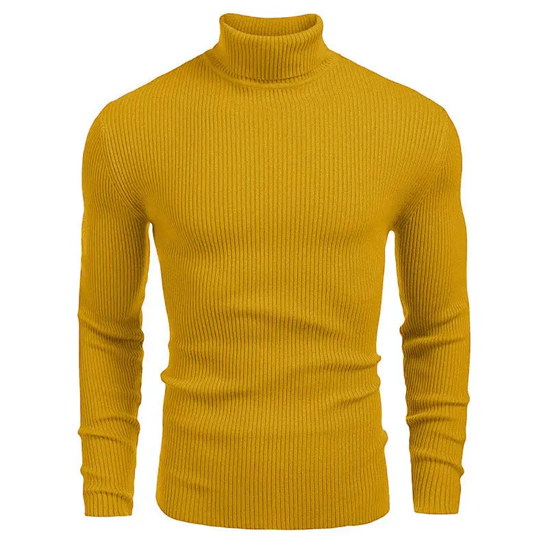 Ein senffarbener Turtleneck-Pullover Slim Fit aus geripptem Strickmaterial für Herren.