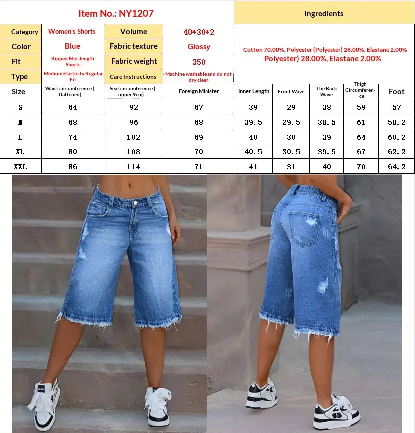 Pantalones capri de mezclilla azul con efecto desgastado y desgarros, acabado brillante y dobladillos deshilachados elaborados a partir de material de bermudas de mezclilla de longitud media.