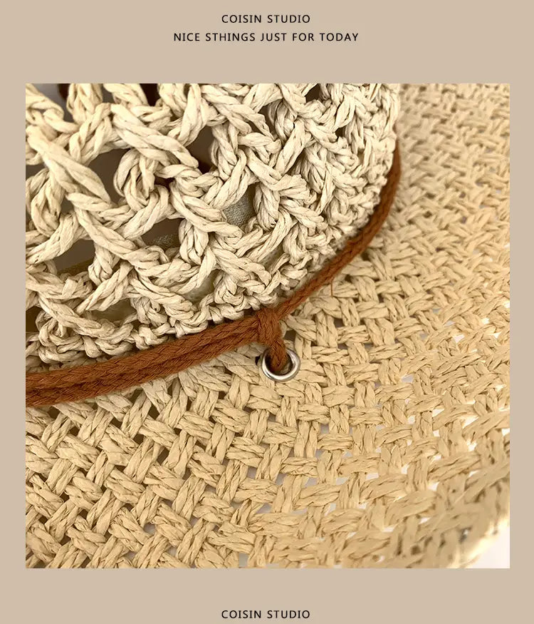 Beige woven straw cowboy hat for men featuring a brown cord detail.