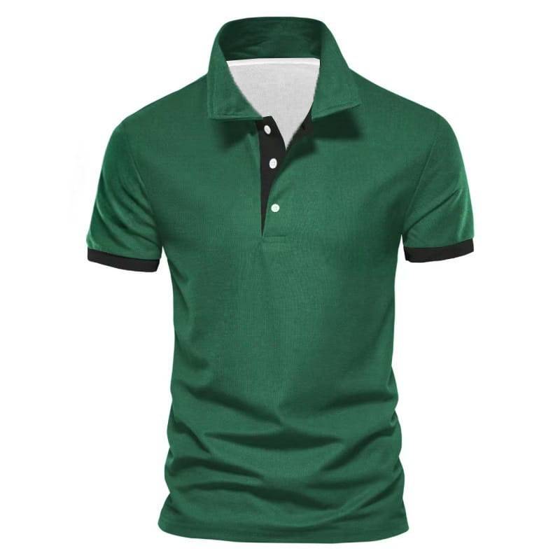 Dunkelgrünes Herren-Poloshirt mit Farbblock-Kurzarm mit schwarzem Besatz am Kragen, an den Ärmelabschlüssen und an der Knopfleiste.