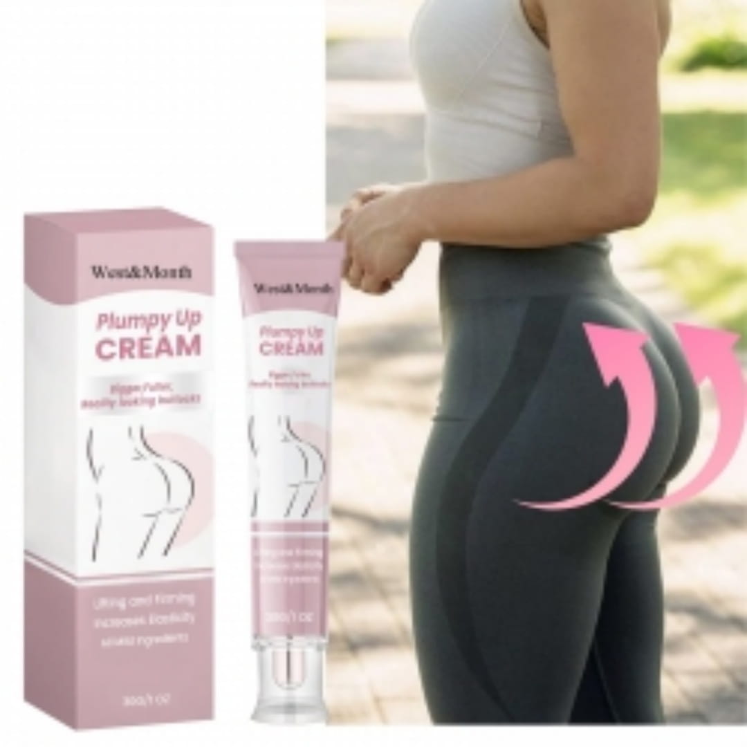 Pink and white plumpy up buttock cream firming and lifting tube with a clear cap featuring the brand name wend and march in 30g packaging.